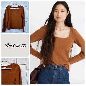 Madewell Ottoman Rib Square-Neck Top Dried Cedar Brown Rust Knit Sweater Size M